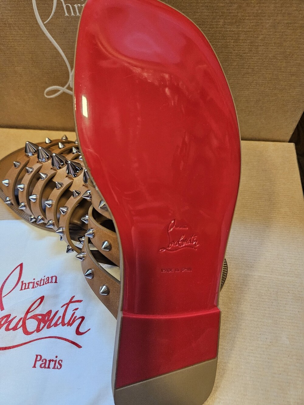 $945 Christian Louboutin CHARJA Spiked Flat Leather Sandals Slides Size 37.5 - Picture 7 of 9